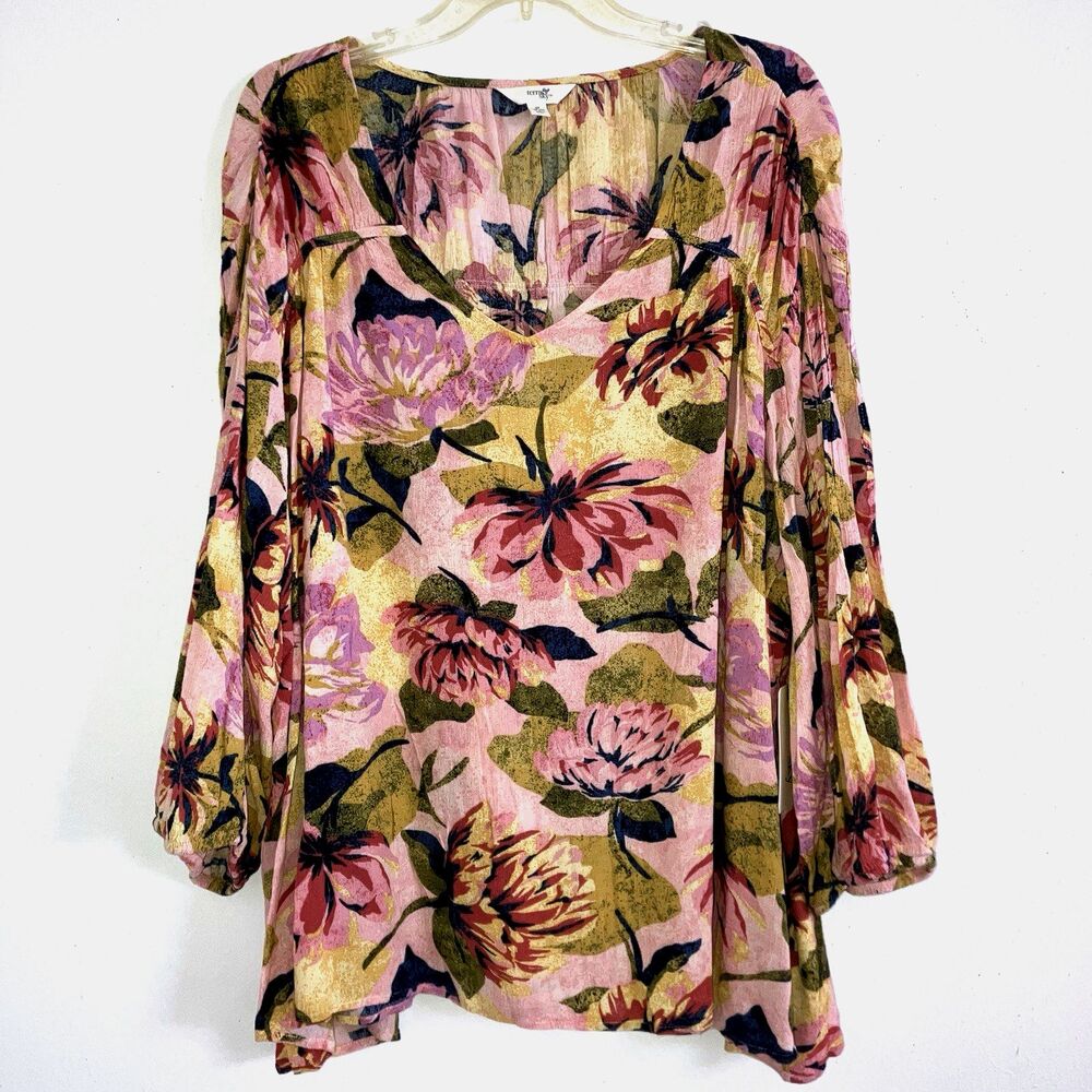 TERRA & SKY 3X Colorful Floral Flowy Rose Pink Magnolia Breathable Tunic  Top
